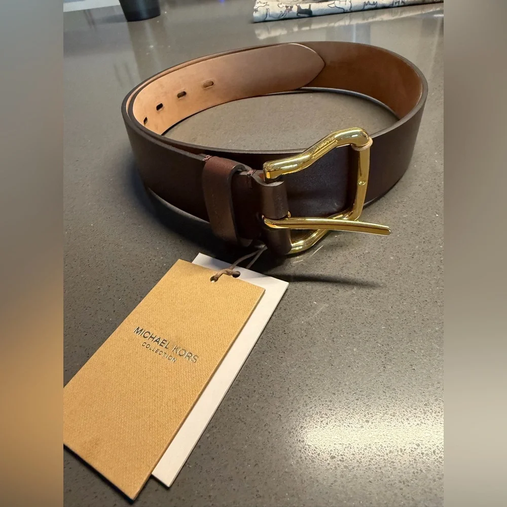 Michael Kors Collection Dark Brown‎ Leather Belt with Gold Buckle Small NEW